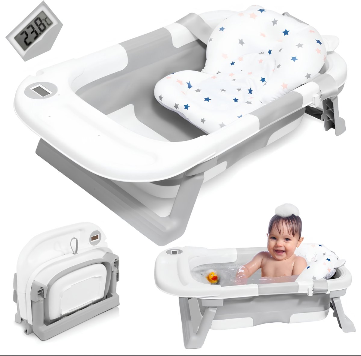 KIRA® Baby Badje met Standaard - Baby Bad - Babybad met Standaard - Grijs - 69cm x 43cm x 21cm