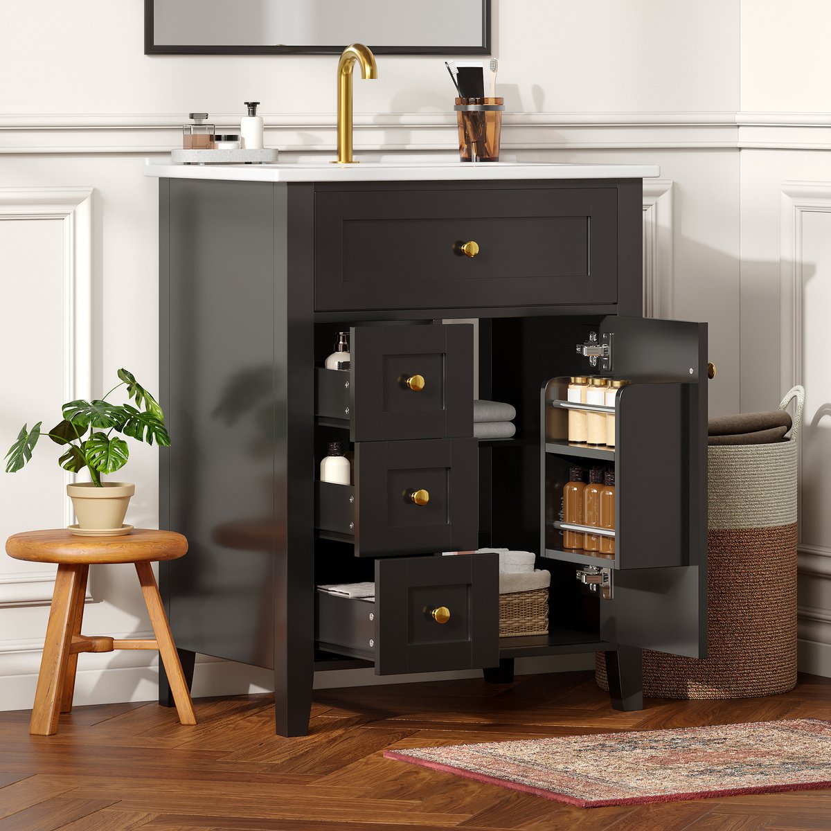 OKWISH Badkamerkast - Wastafelonderkast Met Keramische Wastafel - 1 Klaplade En 3 Laden - Landelijke Stijl - MDF Zwart - 61x47x86 Cm