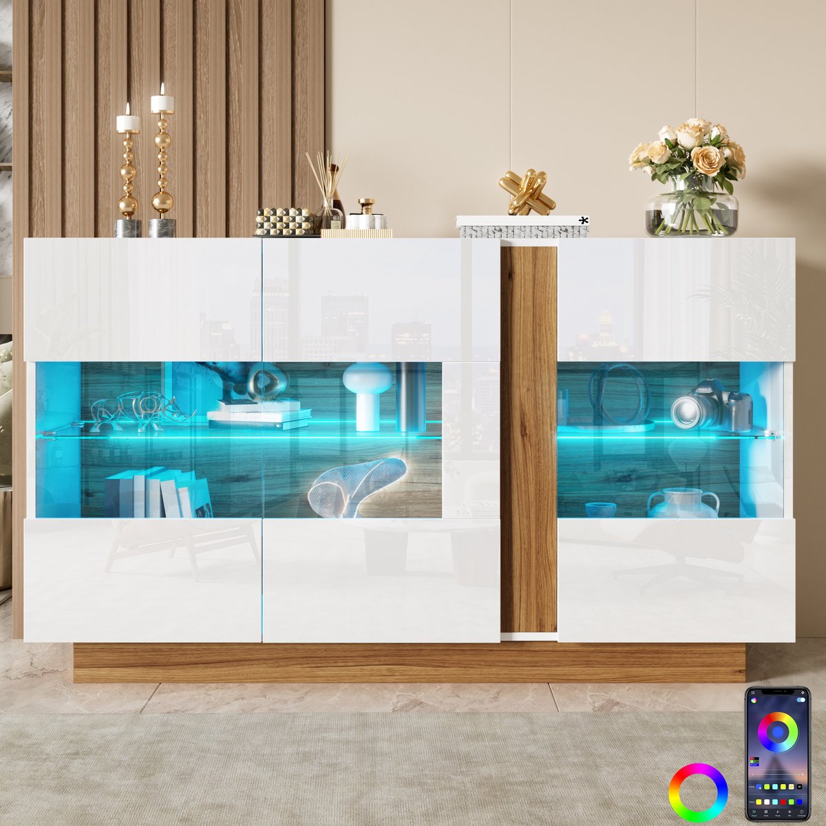 Dressoir Met 3 Acryl Deuren En Dimbare Ledverlichting Voor Woonkamer Hal En Slaapkamer Wit Natuur 120x38x80 Cm