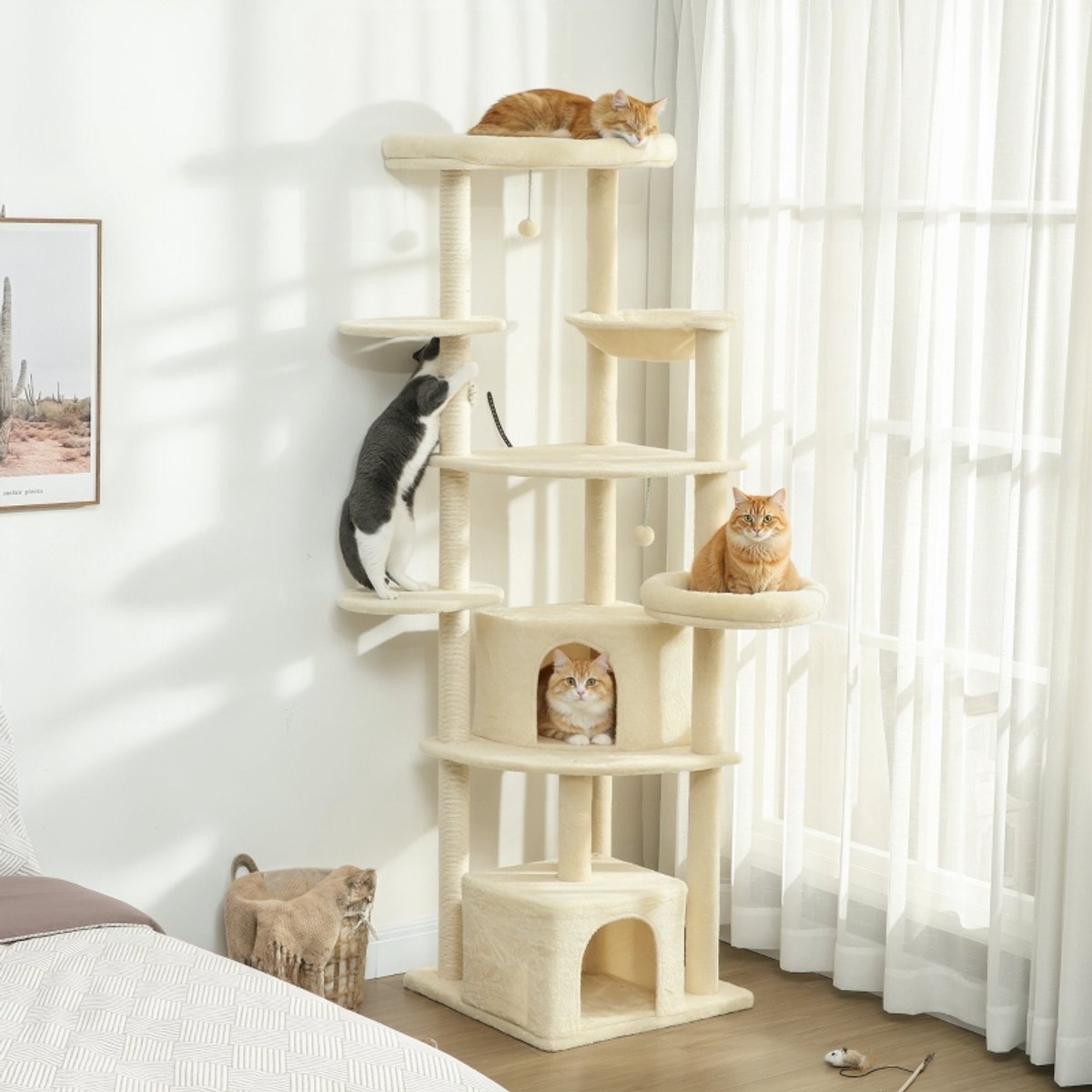 REDOM - Krabmeubel - 200 cm hoog - met 5 platforms, 2 schuilplekken, 2 ligbedden en hangmat - meerlaags ontwerp - Binnen - Sisal, pluche en hout - Beige