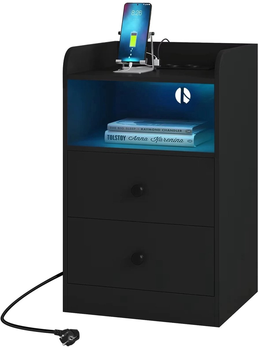Klarven® Nachtkastje Zwart - Met stopcontact, 2 USB-poorten en dimbare LED-verlichting - 2 Laden met metalen geleiders, kabelmanagement - B 40 x D 35 x H 64 cm