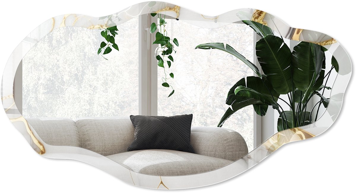 Wallfluent Marmeren Elegantie Spiegel - Wit Stijlvolle Wandspiegel - Organische Spiegel - Woonkamer - Klassiek - 45x90 cm - Totale afmeting 52x97 cm