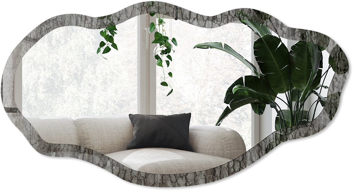 Wallfluent Boomschors Spiegel - Grijs Strakke Rechthoekige Spiegel - Organische Spiegel - Woonkamer, Kantoor, Slaapkamer - Rustiek - 45x90 cm - Totale afmeting 52x97 cm