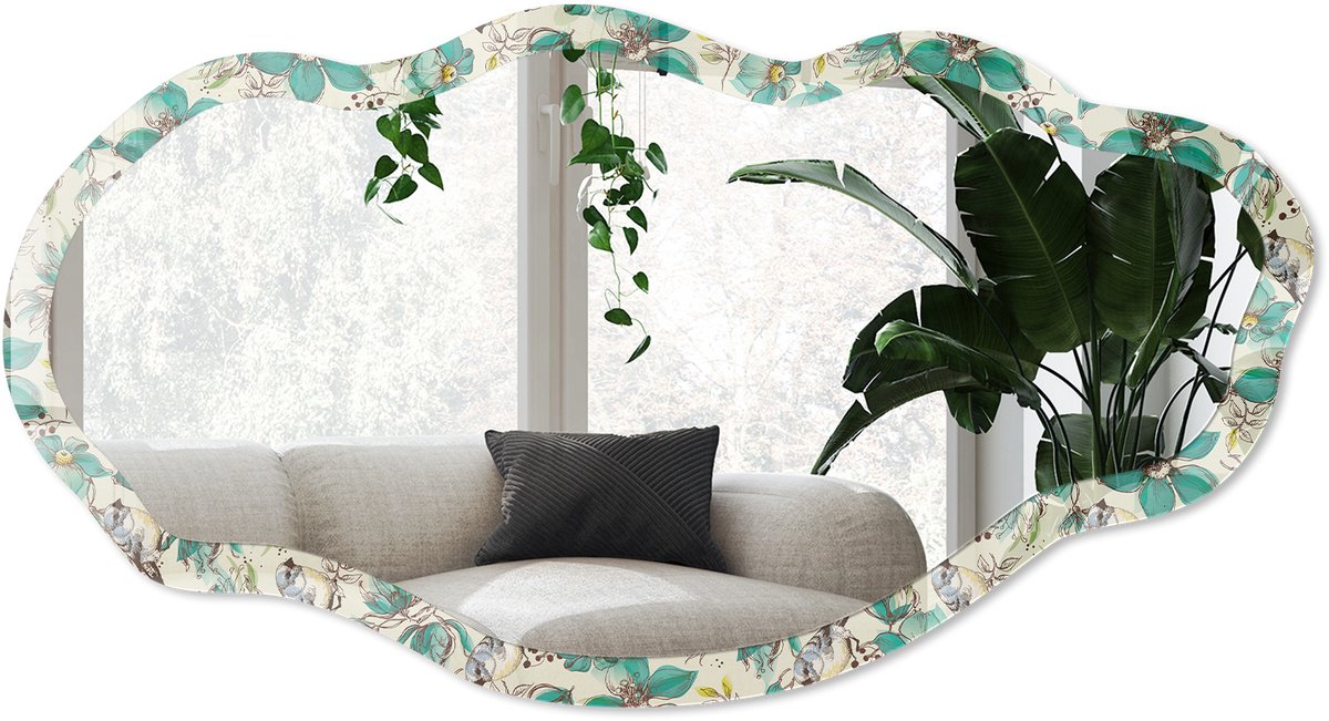 Wallfluent Bloemen Vogels Spiegel - Groen Rechthoekige Spiegel Voor Interieur - Organische Spiegel - Slaapkamer, Woonkamer, Kantoor - Illustratief - 45x90 cm - Totale afmeting 52x97 cm