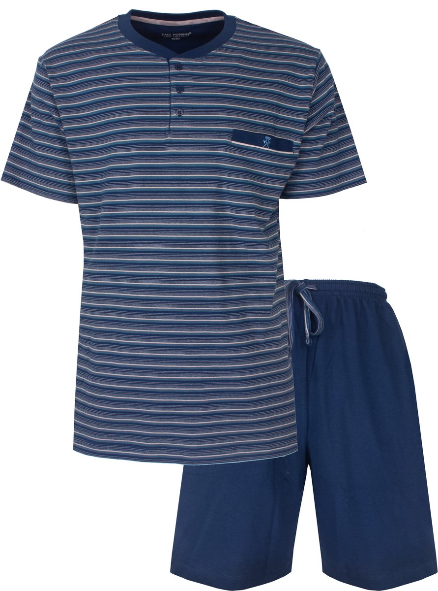 Paul Hopkins Heren Shortama - Gestreept - Polosluiting - Blauw - Maat XXL