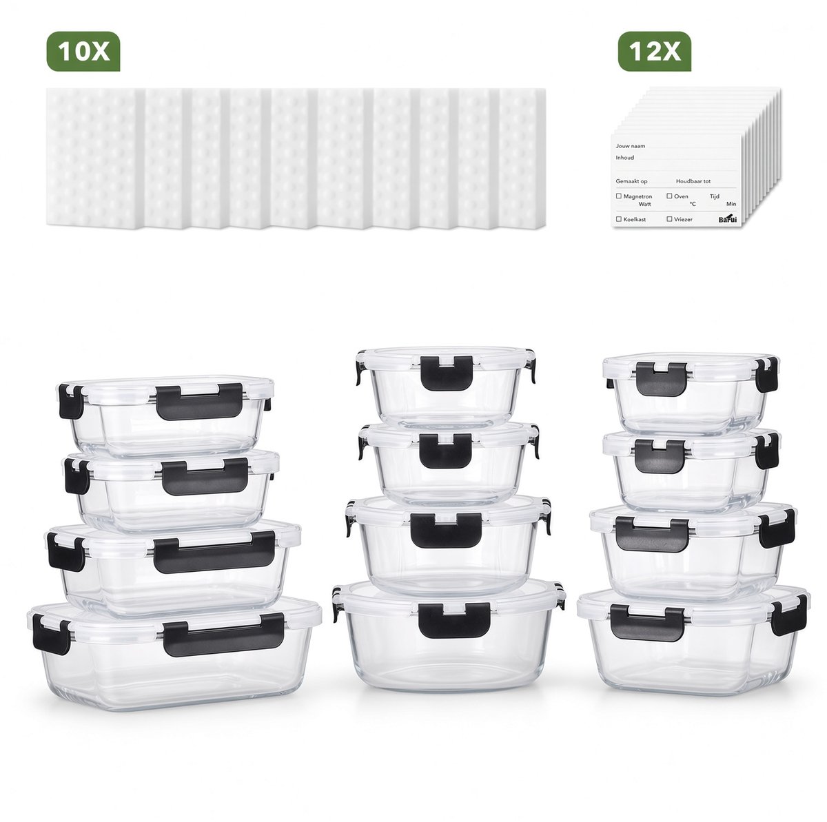 Bardi 12-Delige Glazen Vershoudbakjes – Meal Prep Bakjes Glas met Deksel – BPA & PFAS Vrij – Luchtdicht – Incl. 40 Bardi Prep & Store Labels + 10 Wondersponzen – 6,79L