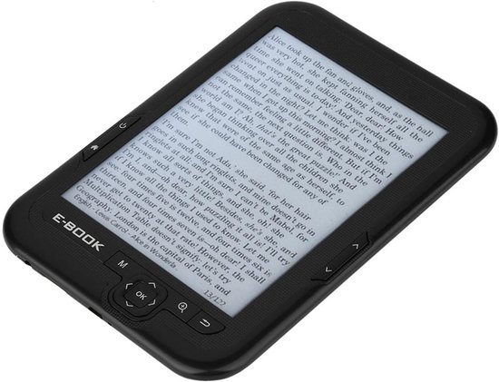 Zwarte e-reader met een gevuld papieren scherm, getoond vanuit een schuine hoek.