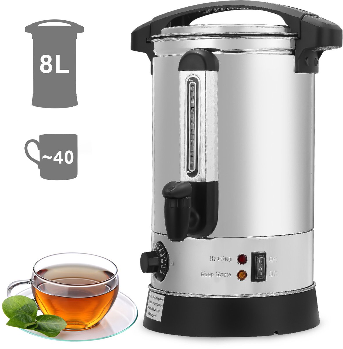 Glühweinketel 8L RVS - 1500W - 30-110 °C - Heetwaterdispenser met Tapkraan, Peilglas en Uitneembare Lekbak