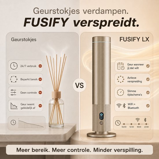 Vergelijking van een traditionele geurstokjes diffuser met de FUSIFY LX slimme geurverspreider.