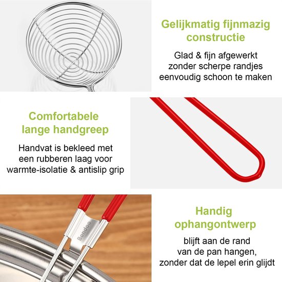 Bondoo Fondue netjes 4 stuks - Hotpot - Schuimspaan - Chinese fondue - Hotpot zeef - Chinees fondue zeefjes - Fonduezeefjes - Hotpot lepel Roestvrij staal - met handgreep - Ø6,5cm - Rood van Bondoo — afbeelding 2