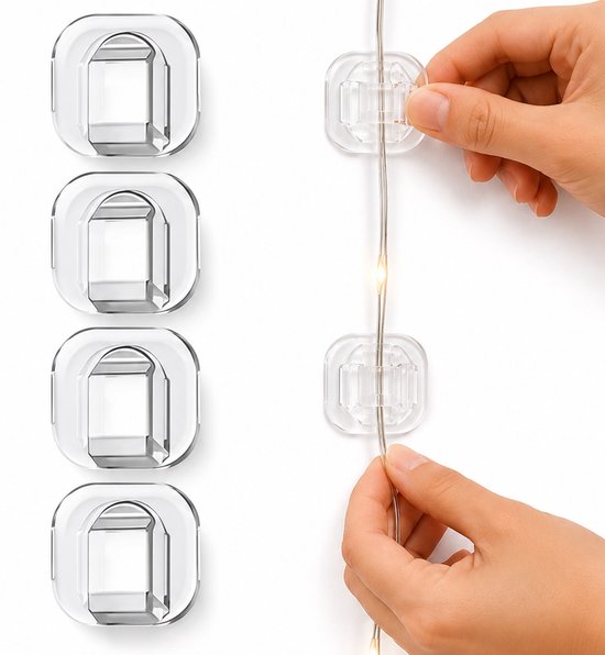 Deux mains utilisant des clips de câble transparents pour accrocher une guirlande lumineuse. Les clips ont une fente en forme de U.