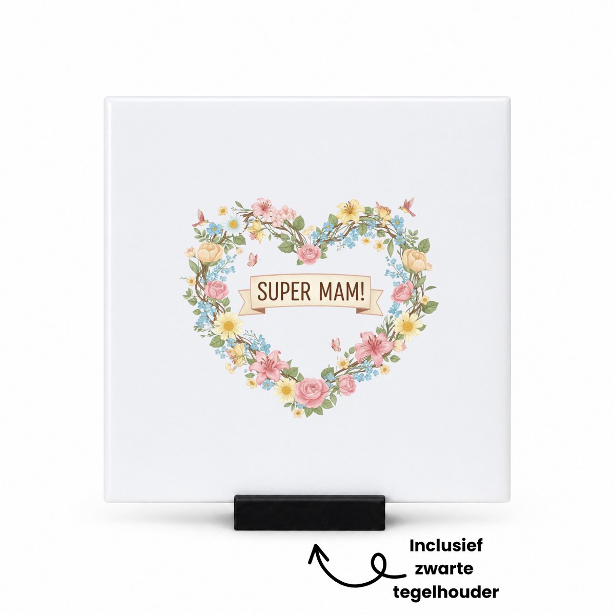 Hacebo Super mam! tegeltje met tegelhouder - Mama - Super mama - tegeltjes met tekst - moederdag cadeautje - Cadeau voor mama - Verjaardag - Geschenk - Cadeau - Gift - spreuktegels - 10.8x10.8 CM Wit