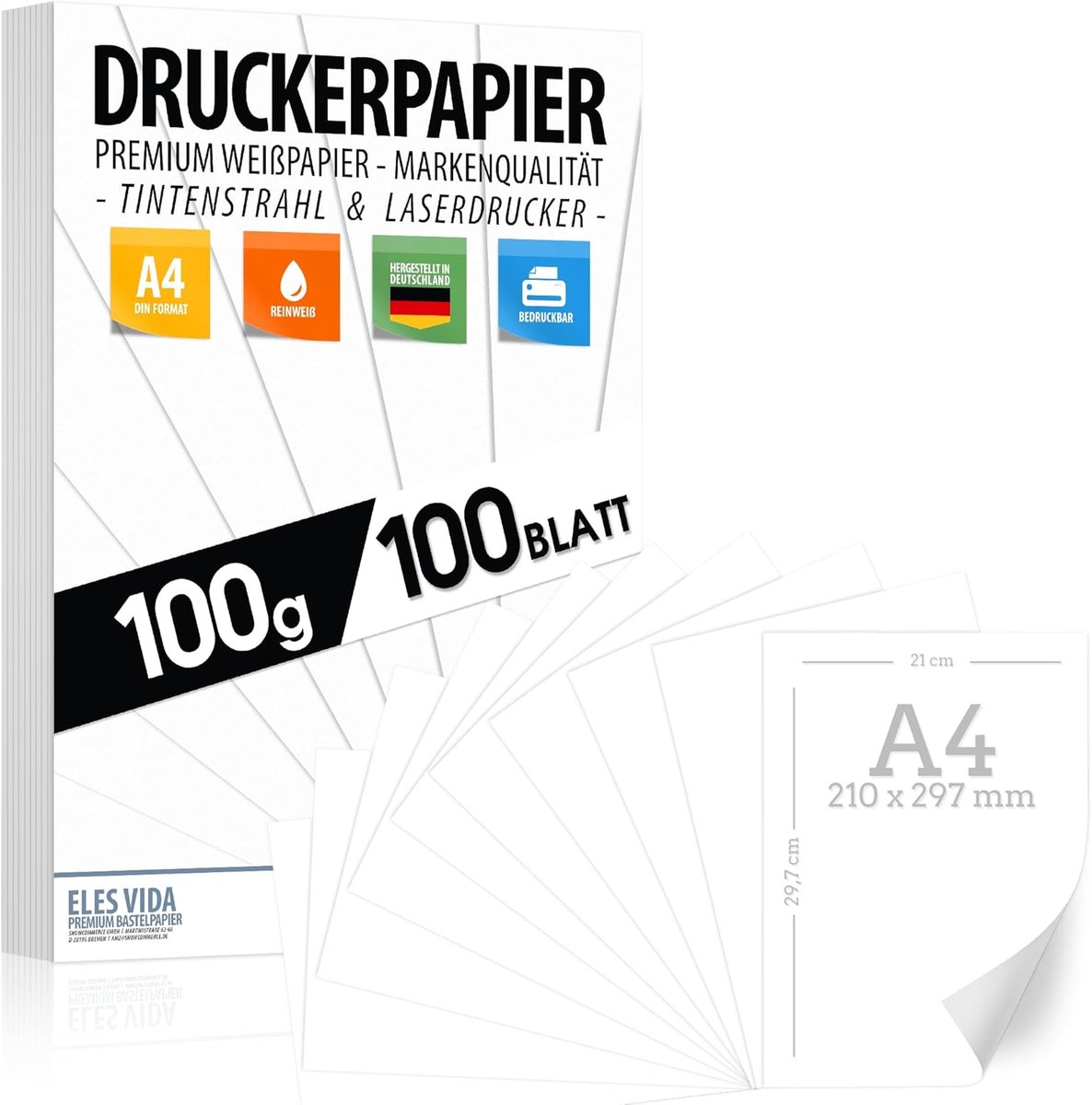 SnelShoppen - Printerpapier A4 100 g Wit - 100 Vel Premium Dikte - Perfect voor Laser en Inkjet - Ideaal voor Kantoor, School en Creatieve Projecten