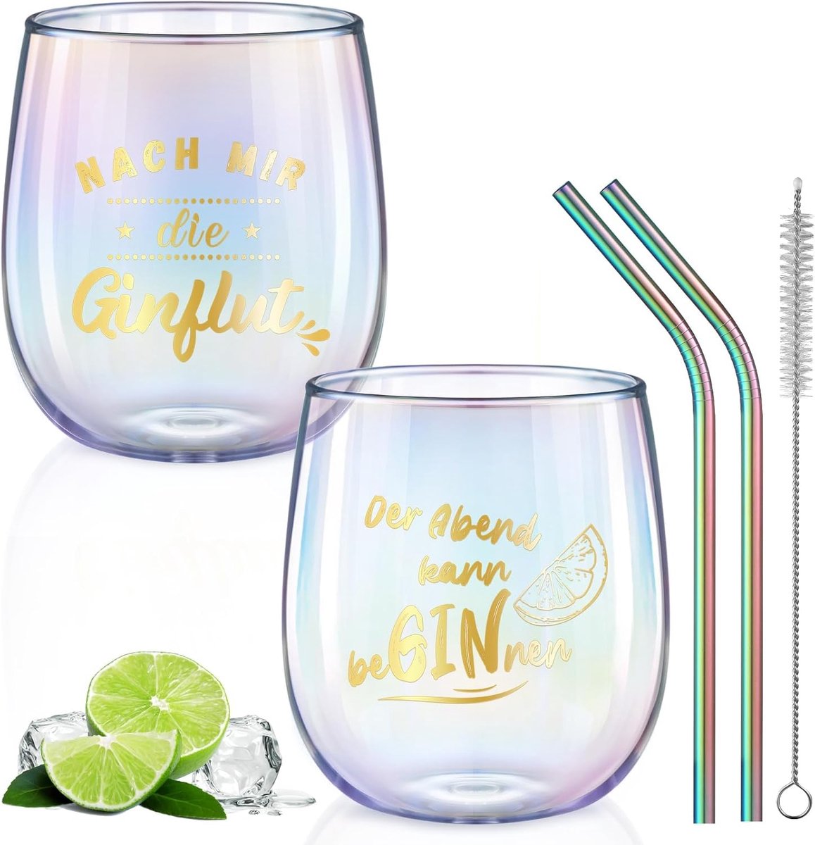 SnelShoppen - Glastal Gin Tonic Glazen Set van 2 - 450 ml Kleurvolle Wijnglazen met Gin Spreuken - Perfecte Cocktail Glazen voor Verjaardag en Feest
