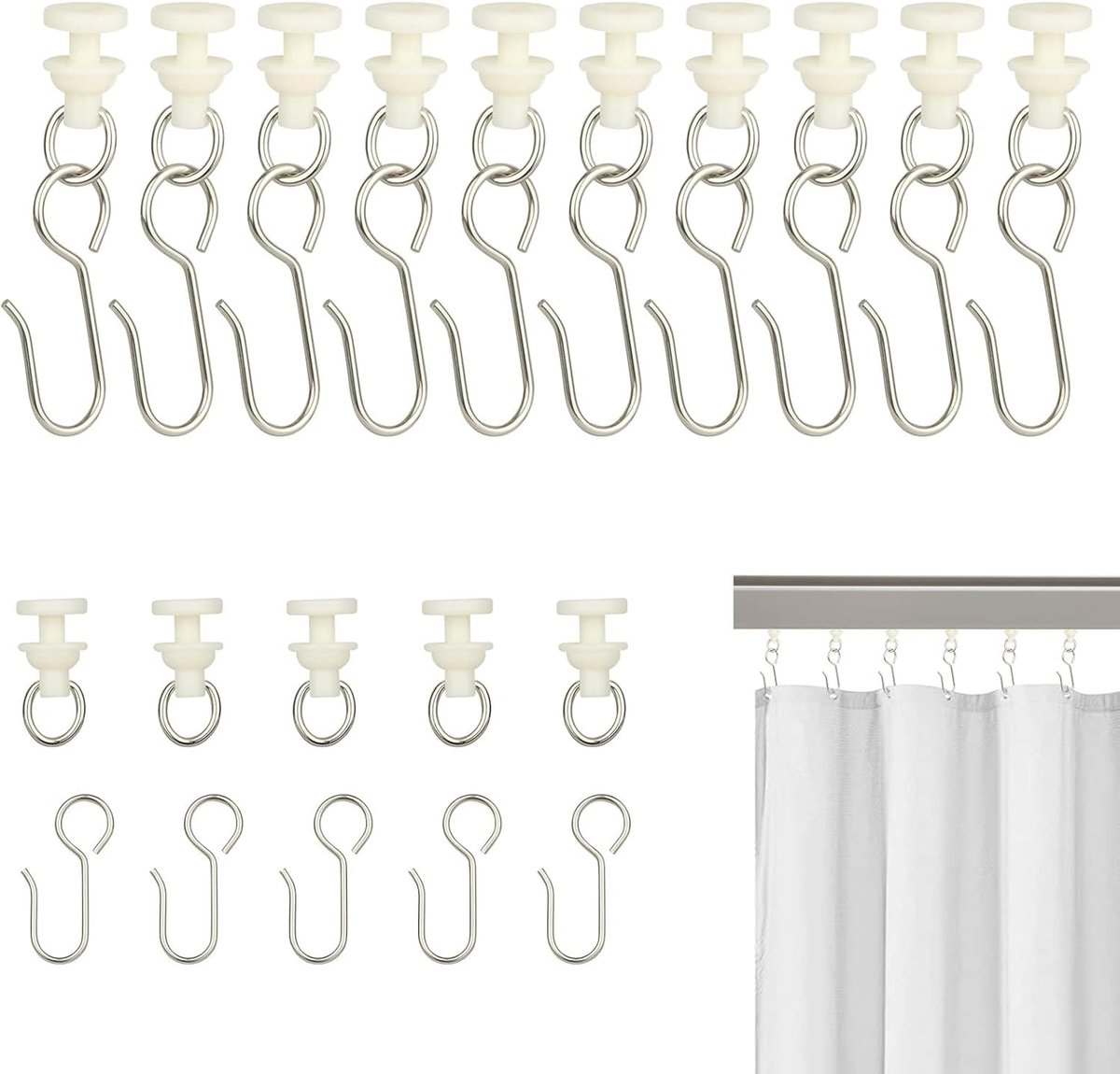SnelShoppen - 80 Pcs Gordijnhaken en Glijders Set, Universele Gordijnaccessoires voor Raillengtes, Inclusief 40 Gordijnhaken en 40 Glijders, Ideaal vo