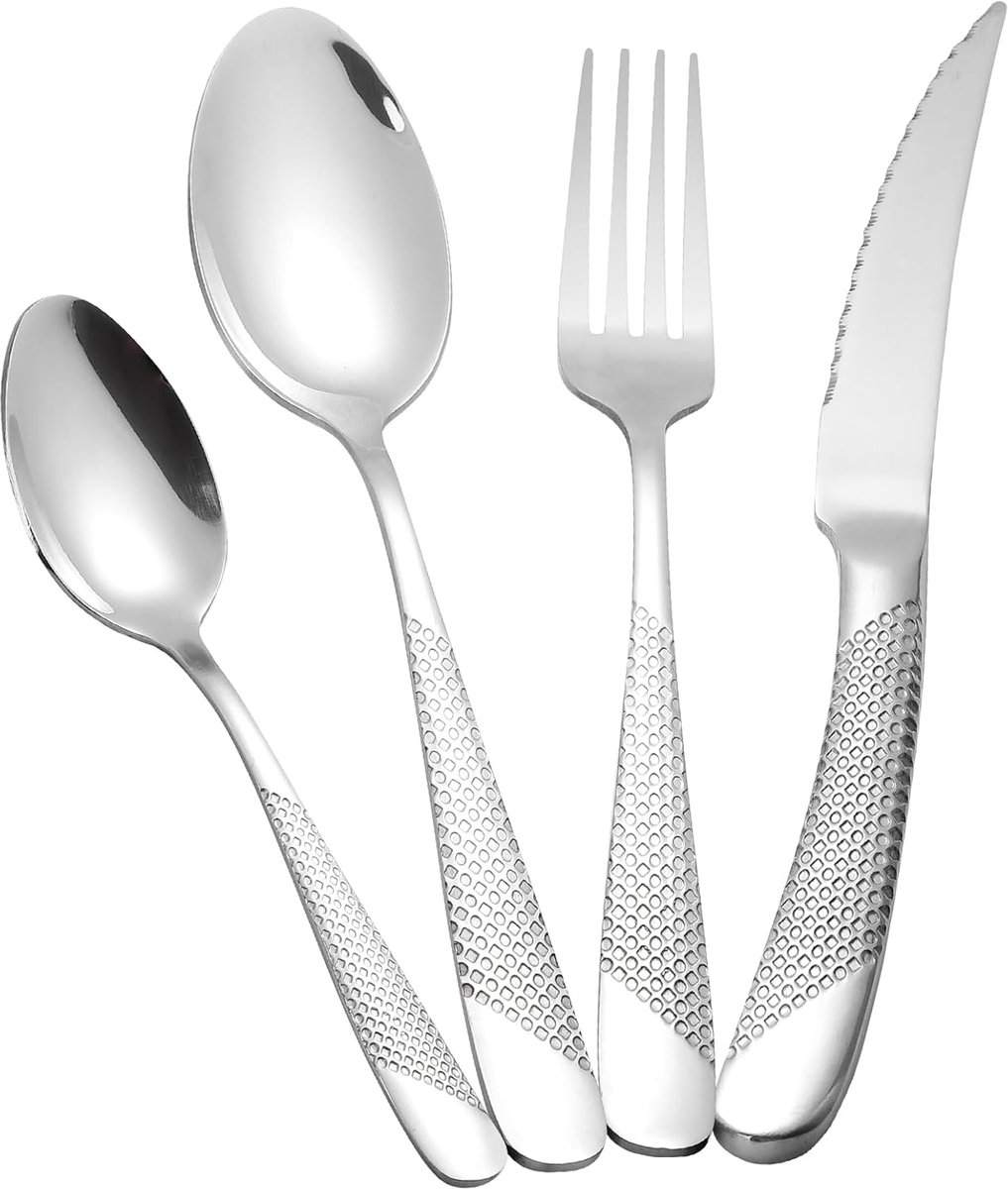SnelShoppen - 24-delige Hammered Bestekset voor 6 Personen, 18/10 Rvs, Elegante Zilveren Bestek Set met Mes, Vork en Lepel voor Feest, Thuis, Bruiloft