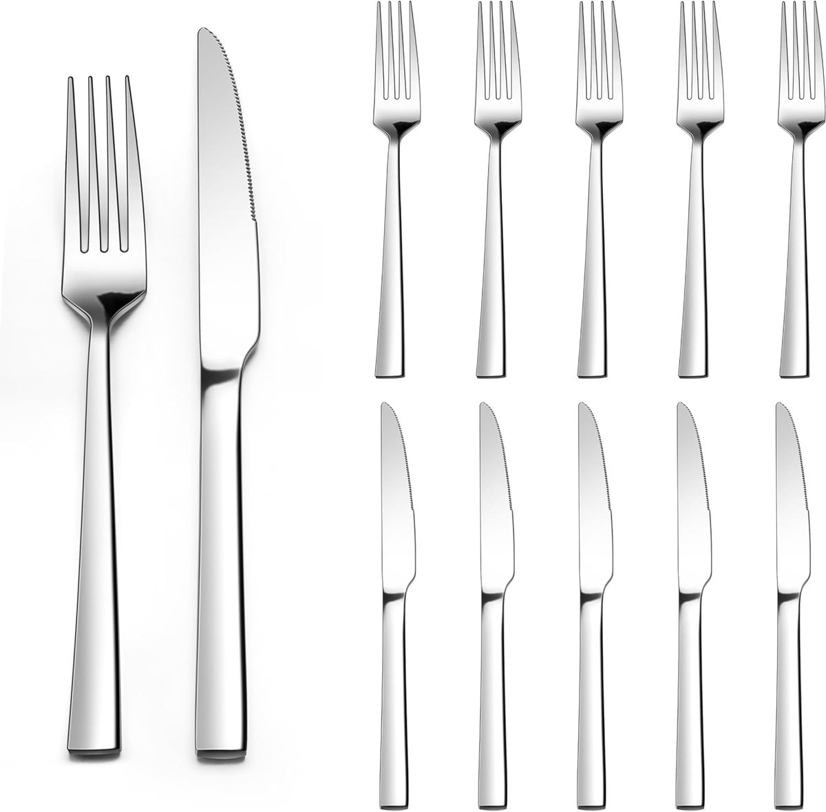 SnelShoppen - Steak Cutlery Set 12 delig - Rvs Steak Messen en Vorken voor 6 Personen - Zilveren Bestekset met Vierkante Handgreep - Ideaal voor Thuis