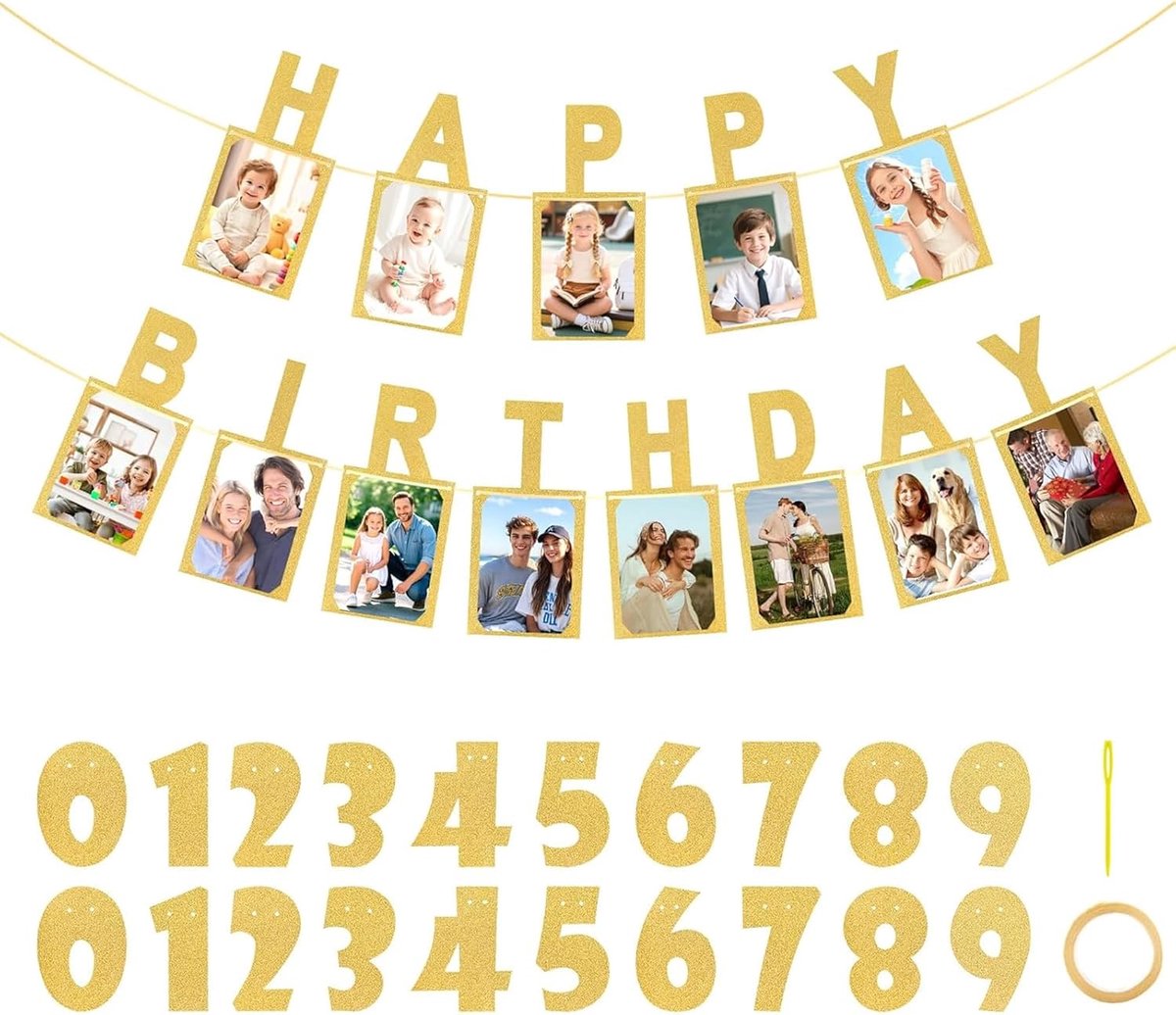 SnelShoppen - Gepersonaliseerde Verjaardagsbanner Set met Gouden Glitterletters voor 1e, 30e en 50e Verjaardag, Feestelijke Achtergrond voor Mannen, V