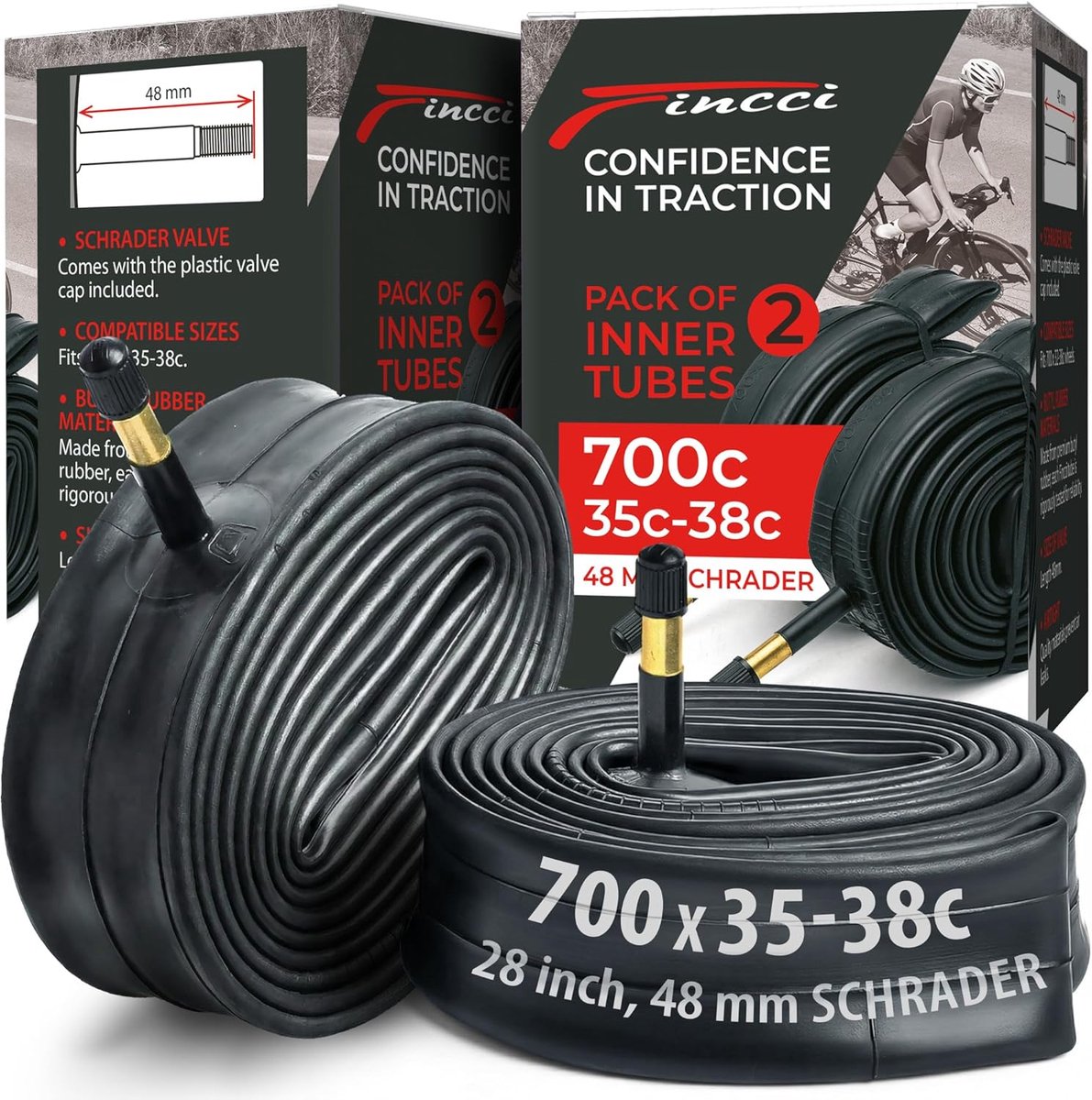 SnelShoppen - Fincci Fietsbinnenband 28 inch - 2 stuks binnenband 700x35c 700x38c, slang 40-622 met 48mm Schrader/Presta-ventiel - voor racefiets, e-b