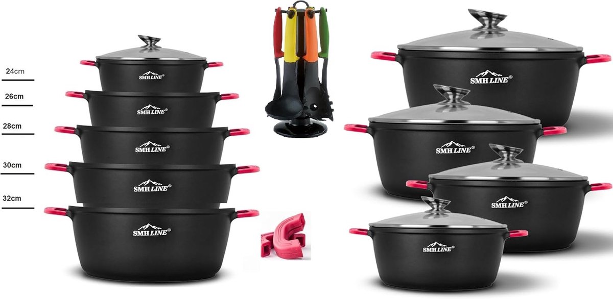 Pannenset Gegoten Aluminium - Kookpannen Set - Dagelijks Koken - 5-Laags Antiaanbaklaag - 24-32 cm - Zwart