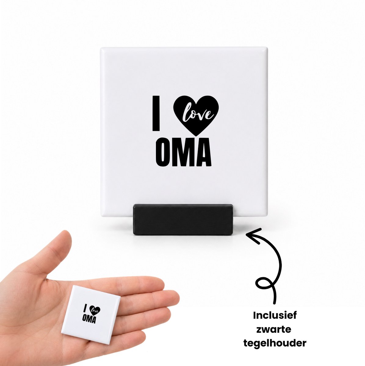 Hacebo Ik hou van oma tegeltje met tegelhouder - Oma - Familie - tegeltjes met tekst - Cadeau - spreuktegels - 4.8x4.8 CM Wit