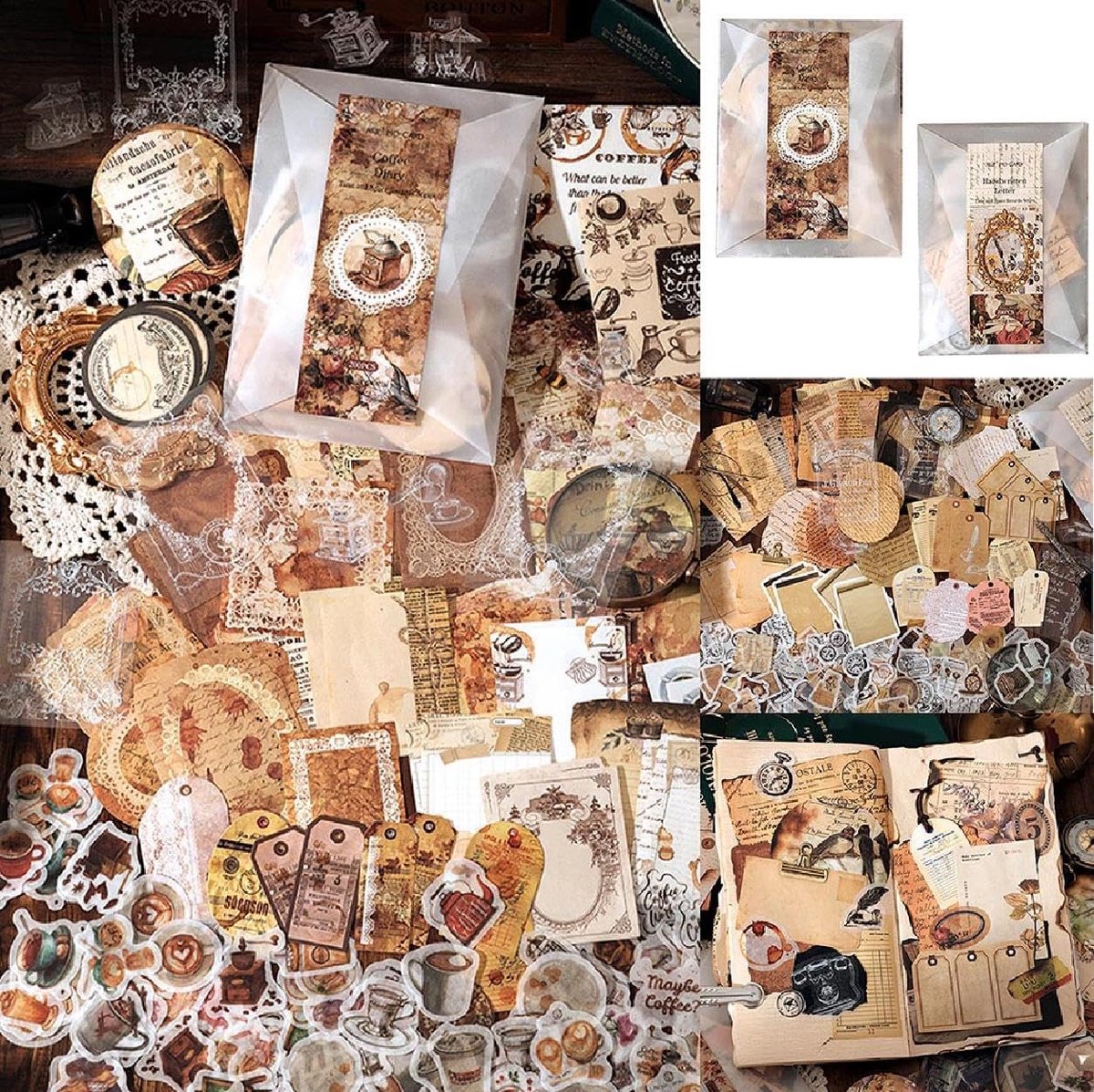 SnelShoppen - Vintage Scrapbook Accessory Set - Retro Aesthetics Diary Kit met 400 Stickers en Papier voor Journaling, Foto Album en Creatieve Boeken