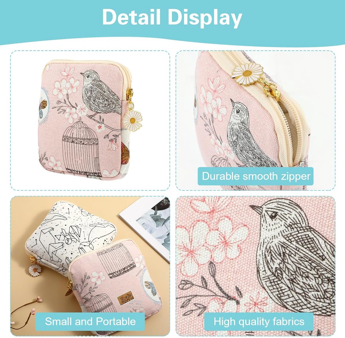 Maandverband Tasje - 2 Stuks - Madeliefje met rits - Tampon Doosje - Muntportemonnee - Toilettas - Opbergzakje - Mini Make up Tas -Luiertas - Voor vrouwen, tieners, meisjes, school - Wit – foto 6