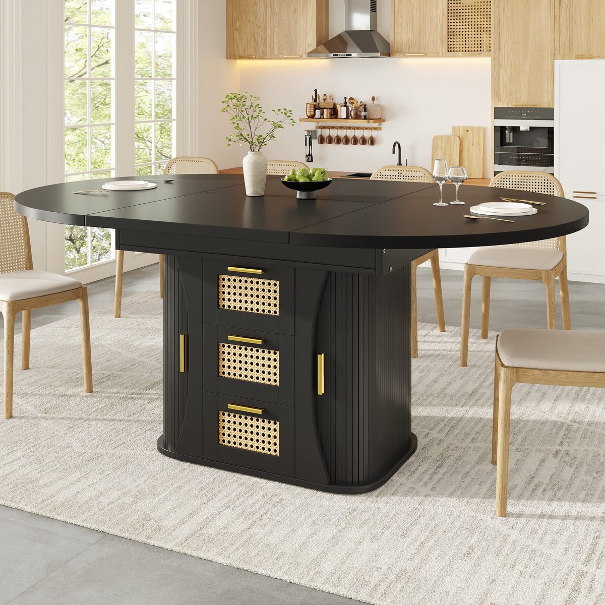 PHOEBE CAT Uitschuifbare Eettafel - 118–158 x 118 x 77 cm - Met opbergruimte - Rieten lades - Houtlook - Zwart