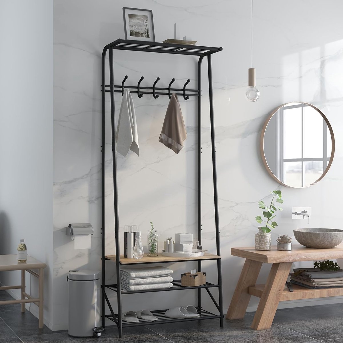 Industriële Kapstok met Schoenenbank - 4-in-1 Garderoberek met Schoenenrek & 10 Ophangpunten - Staand Kledingrek voor Gang en Entree - Houtlook & Zwart Metaal - 64 x 180 cm