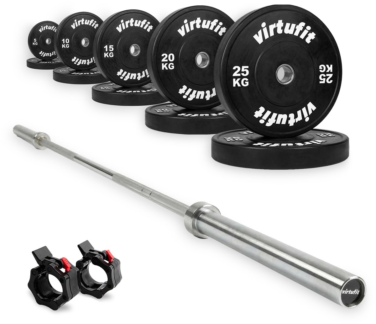 VirtuFit Olympische Bumper Plate Halterset - 170 kg - Volledige set - Incl. Halterstang, Halterschijven en Veerclipsluitingen