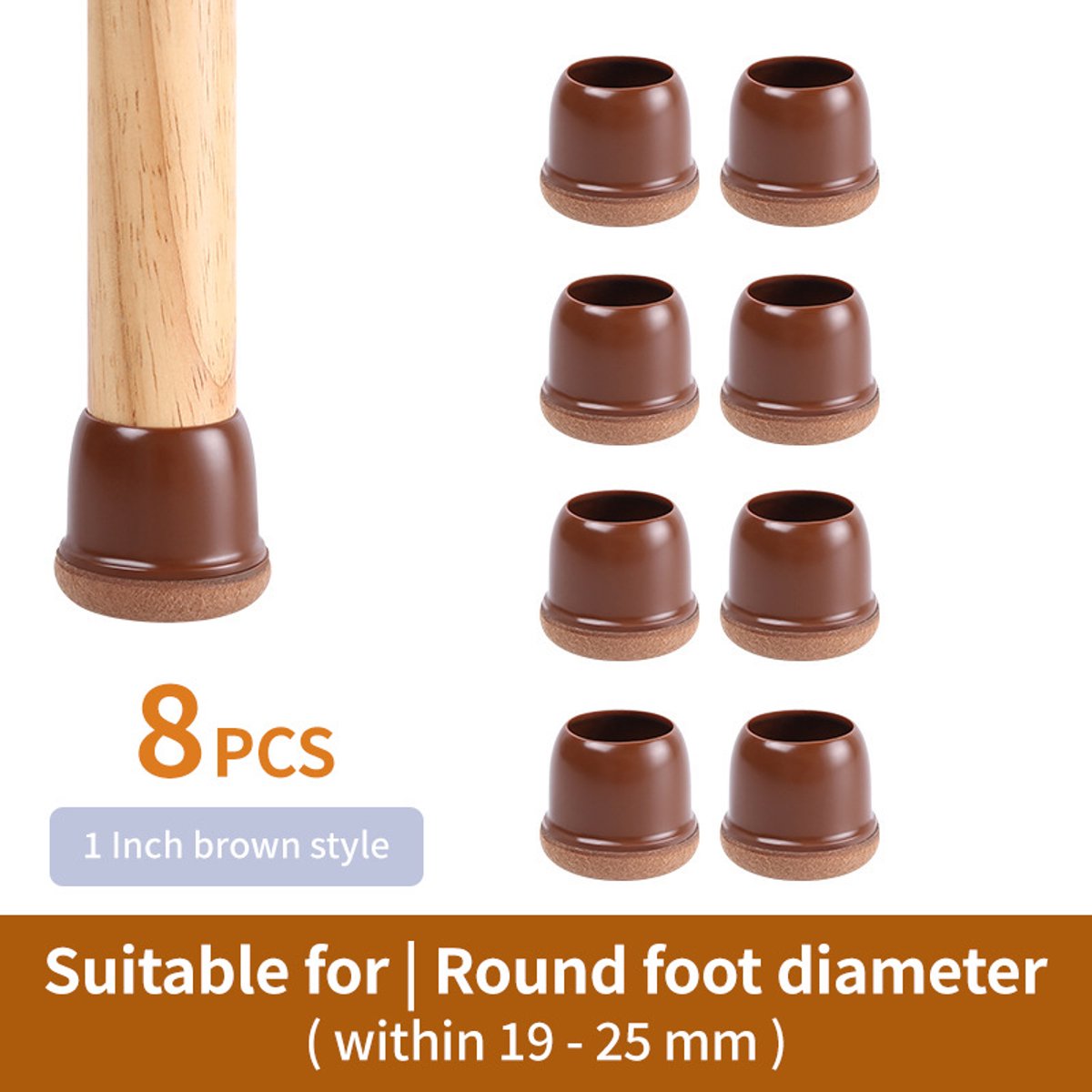 Ronde Meubelpootdoppen – Stoelpootdoppen – TPE + Vilt – Anti-Kras & Geluidsdempend – Voor Stoelen, Tafels & Meubels – Thuis & Kantoor – Bruin – 19-25 mm – 8 Stuks
