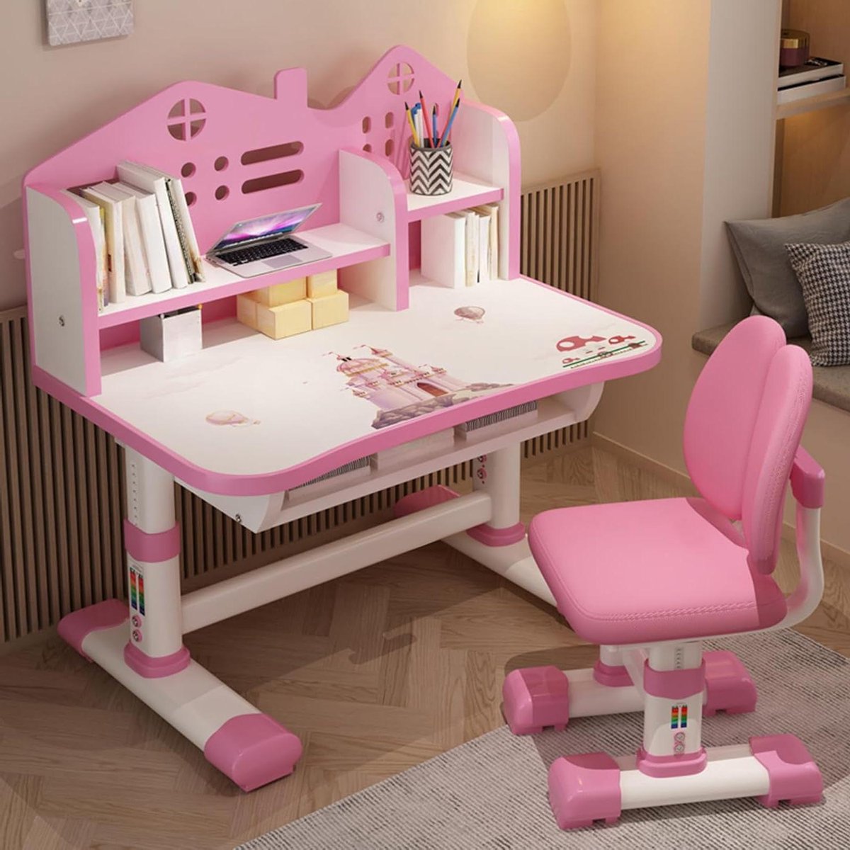 Kinderbureau met stoel - Studeerset - Leren en lezen - Gouden afstand ontwerp - 75.5 x 48.5 cm - Roze