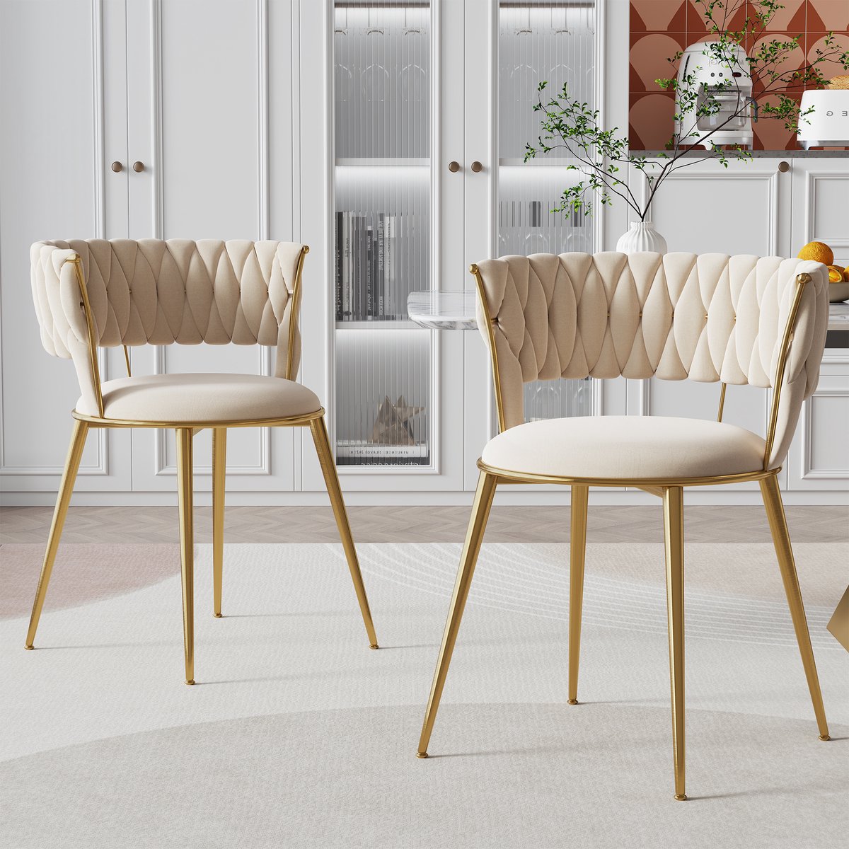 COVREO Eetkamerstoel set van 2 57 x 43 x 70 cm - velvet, armleuningen, ivory