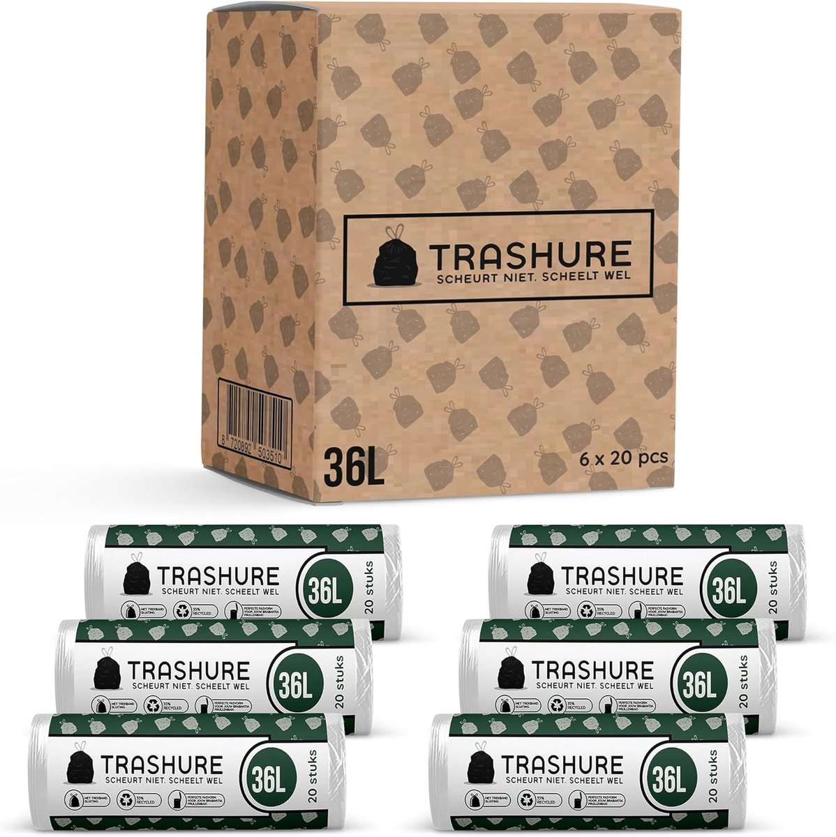SnelShoppen - Vuilniszakken 36L met Trekbandsluiting - 6 Rollen x 20 Stuks - Perfect voor Pedaalemmer, Keuken, Tuin, Afvalzakken voor Brabantia Altern