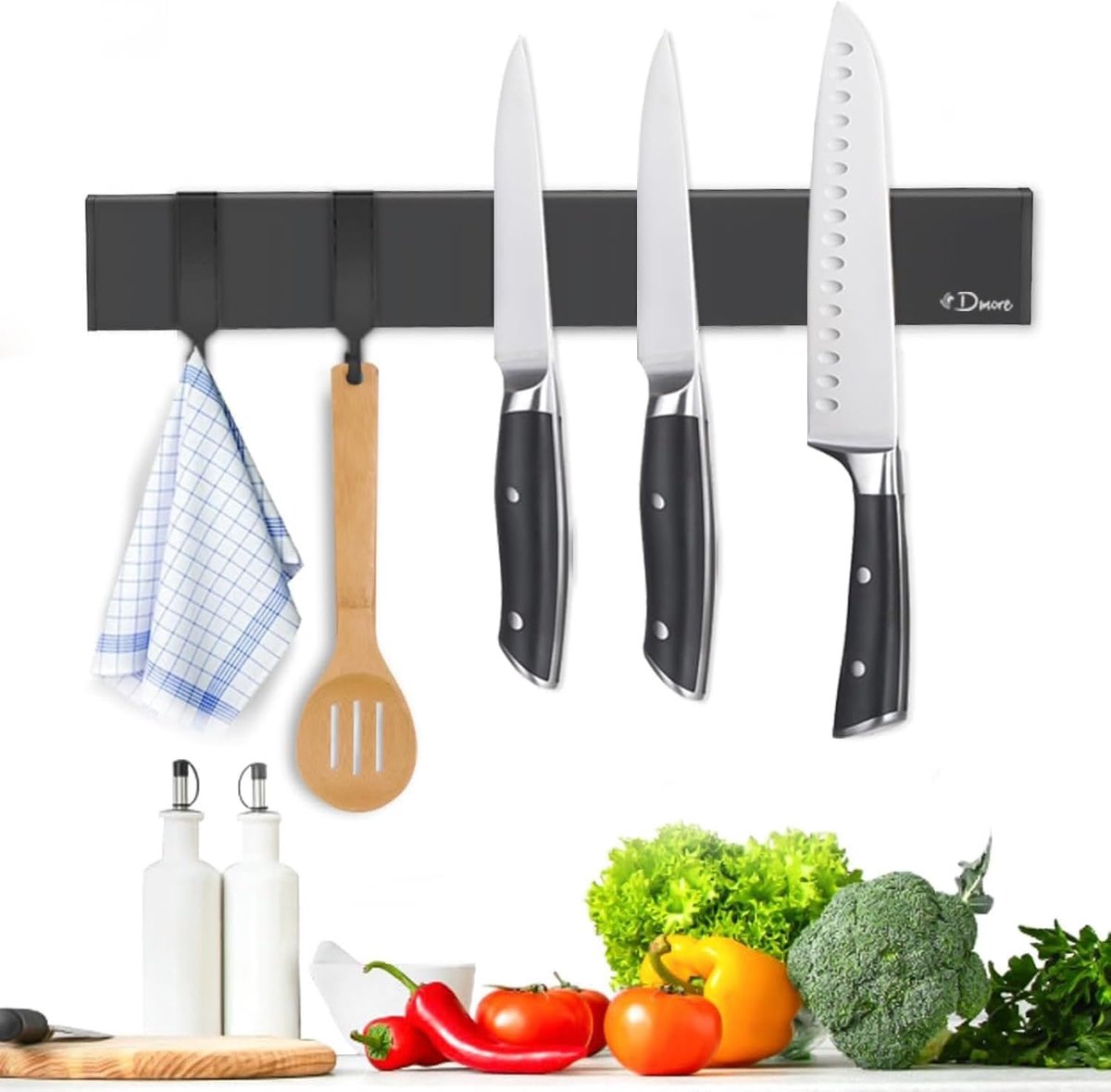 Thijox - Magneetstrip Messenhouder 30 cm - Zwarte Magnetische Messenhouder met 2 Haken - Krachtige Roestvrij Stalen Messenstrip voor Keuken - Inclusie