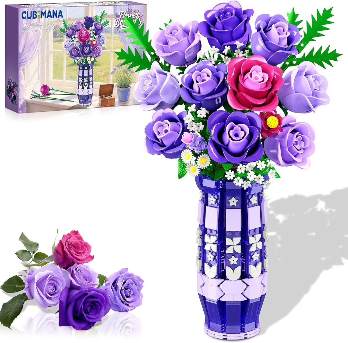 SnelShoppen - CUBIMANA Paars Rozen Bloemen Bouwset met Vaasje en LED Licht, 17 Mini Bloemen Boeket Bouwstenen Speelgoed voor Volwassenen, Kunstbloemen