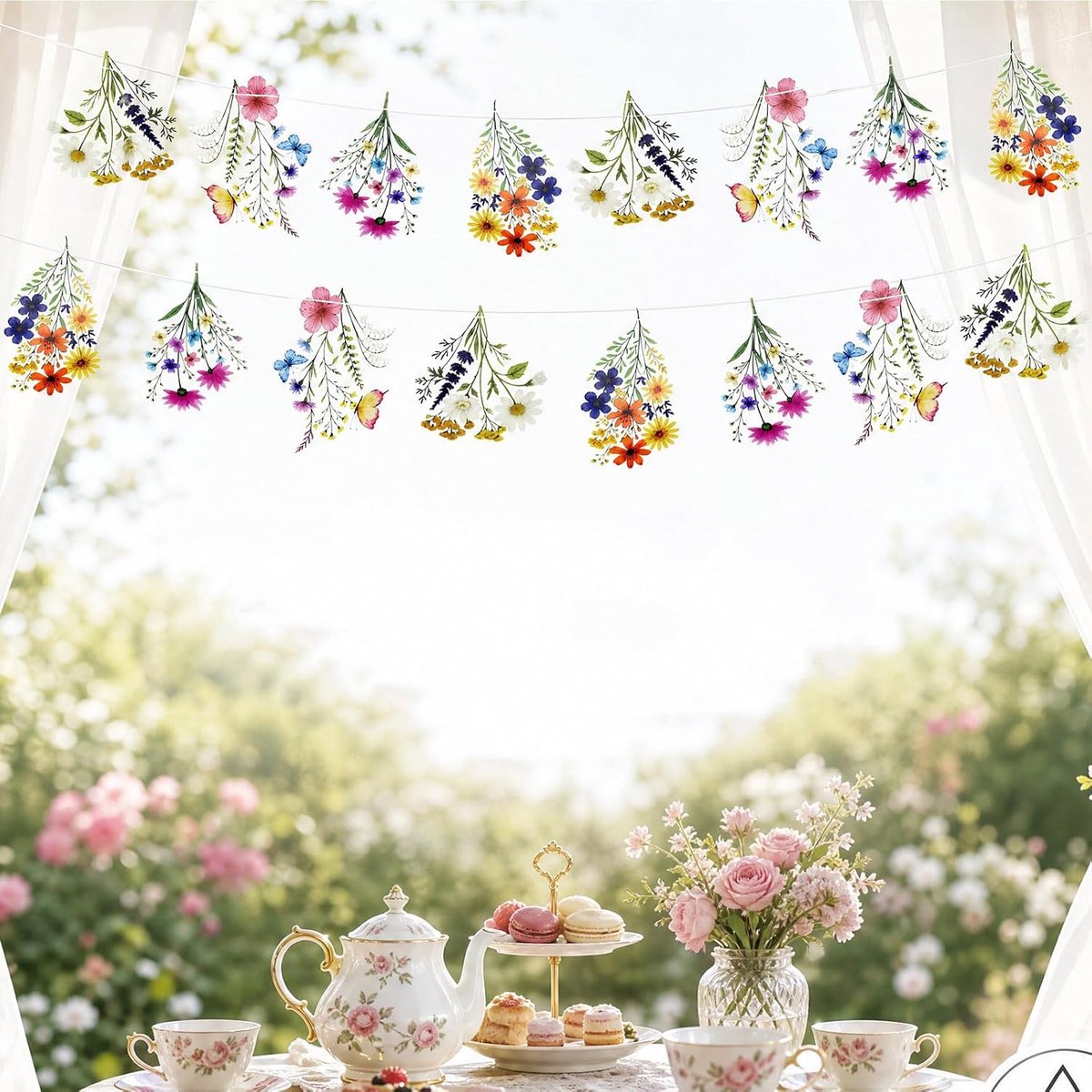 SnelShoppen - 2 Stuks Kleurrijke Bloemenslinger - PVC Bloemendecoratie voor Tuinfeest, Verjaardag, Bruiloft, Babyshower, Zomerfeest - Dubbelzijdige Pr