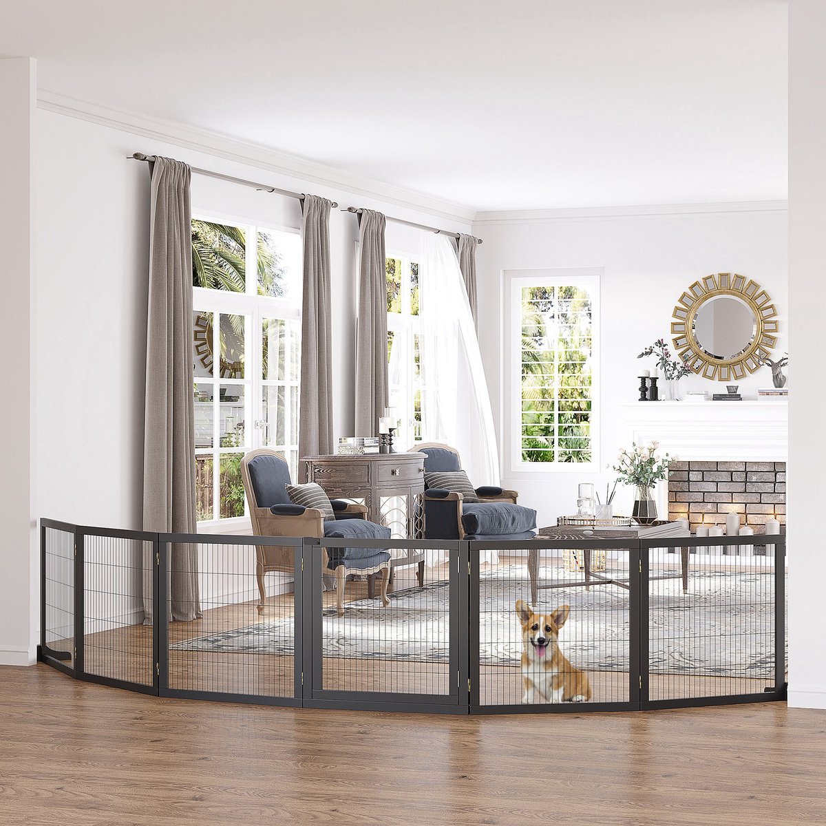 MODENUIT Hondenhek – Opvouwbaar – 432 x 36 x 70 cm – Hout en Staal – Zwart – Steunvoeten – Voor Deur en Trap