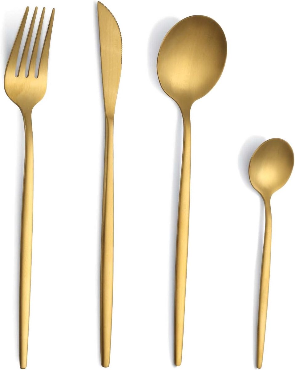 SnelShoppen - 24-delige Bestekset voor 6 Personen - Goud Matte RVS Bestek - Vaatwasserbestendig - Ideaal voor Feest, Familie, Camping en Bruiloften