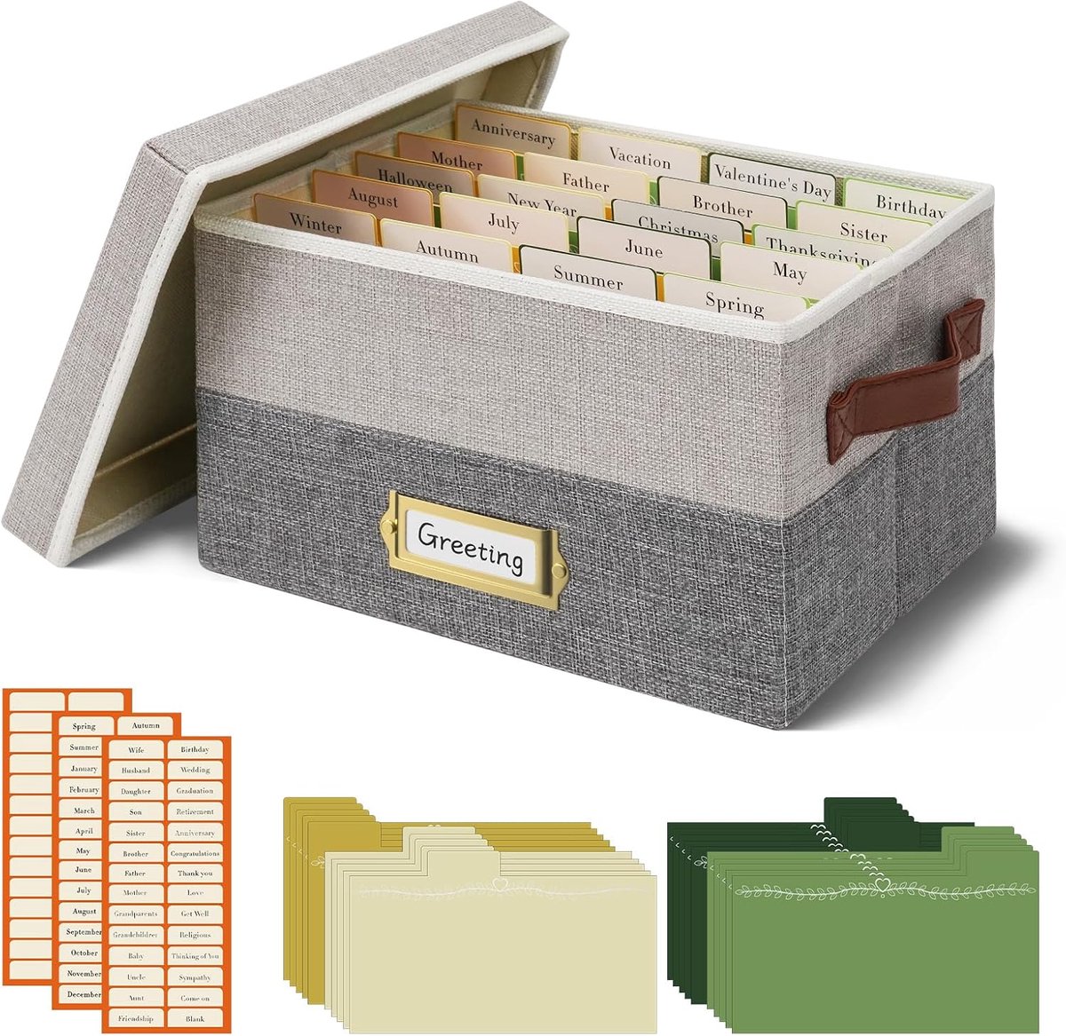 SnelShoppen - Opbergdoos voor Wenskaarten met 20 Verstelbare Scheiders, 84 Zelfklevende Labels, Vouwbaar, Ideaal voor Wenskaarten, Foto's, Enveloppen,