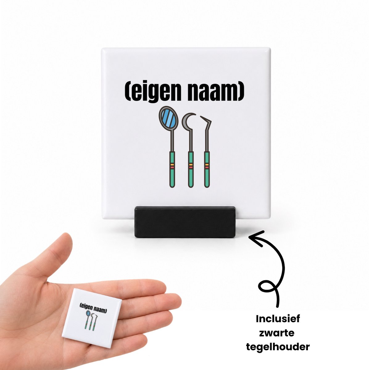 Hacebo tandarts materiaal met eigen naam tegeltje met tegelhouder - Tandarts - mondhygiënisten/tandartsen - tegeltjes met tekst - iemand die tandarts is of mondhygiënist - verjaardag - cadeau - kado - geschenk - spreuktegels - 4.8x4.8 CM Wit