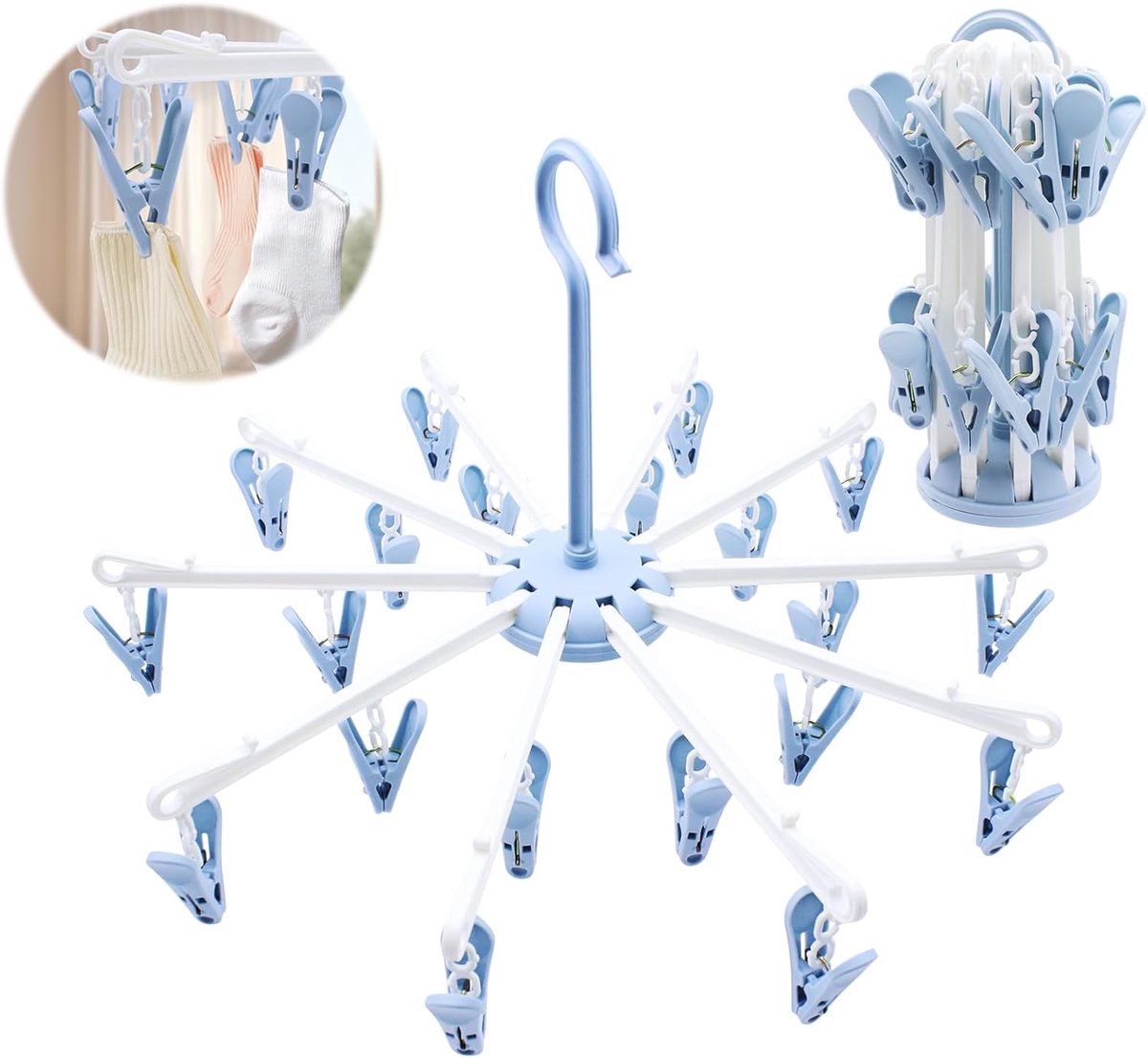 SnelShoppen - Pack van 2 Sokdroger met 40 Klemmen, Opvouwbare Wasdroger, Kleine Droogcarrousel, Sokhanger voor Sokken en Ondergoed (Blauw)