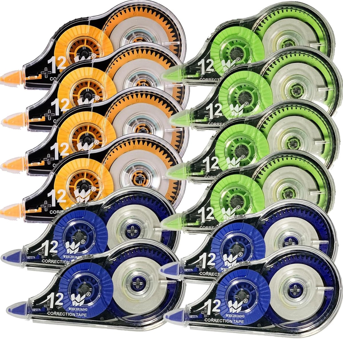 Thijox - Correctietape 12 Stuks, Mini Correctietape in 3 Kleuren (Geel, Blauw, Groen) 12m x 5mm voor School, Kantoor, Thuis - Perfect voor Kinderen, S