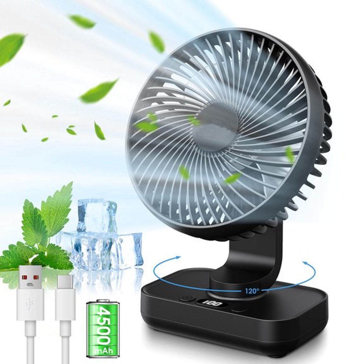 Mini Stille Tafelventilator - 120°+90° Kantelbaar Hoofd - 4500mAh USB Oplaadbaar - 4 Snelheden & LED Display