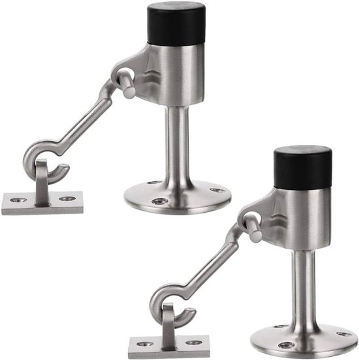 2 stuks deurstoppers van roestvrij staal met haak, moderne veiligheidsdeurstoppers met geluiddempende rubberen bumper - wandgemonteerde deurhouder met hardware, geborstelde afwerking, 3,5 inch hoog