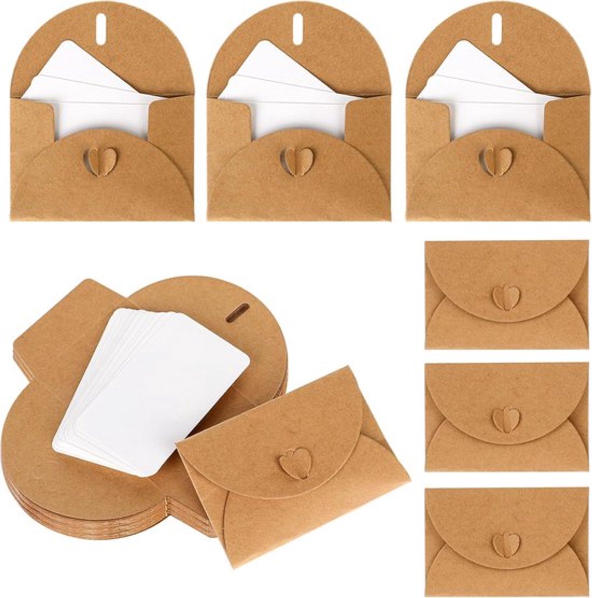 50 sets - Mini-enveloppen - Met blanco kaartjes - Enveloppen - Bruin - Kraftpapier - 11.2*7.7cm - Met hartvormige sluiting - Vintage mini-enveloppen - Voor cadeaubonnen, zelfgemaakte bedankkaartjes, feestuitnodigingen
