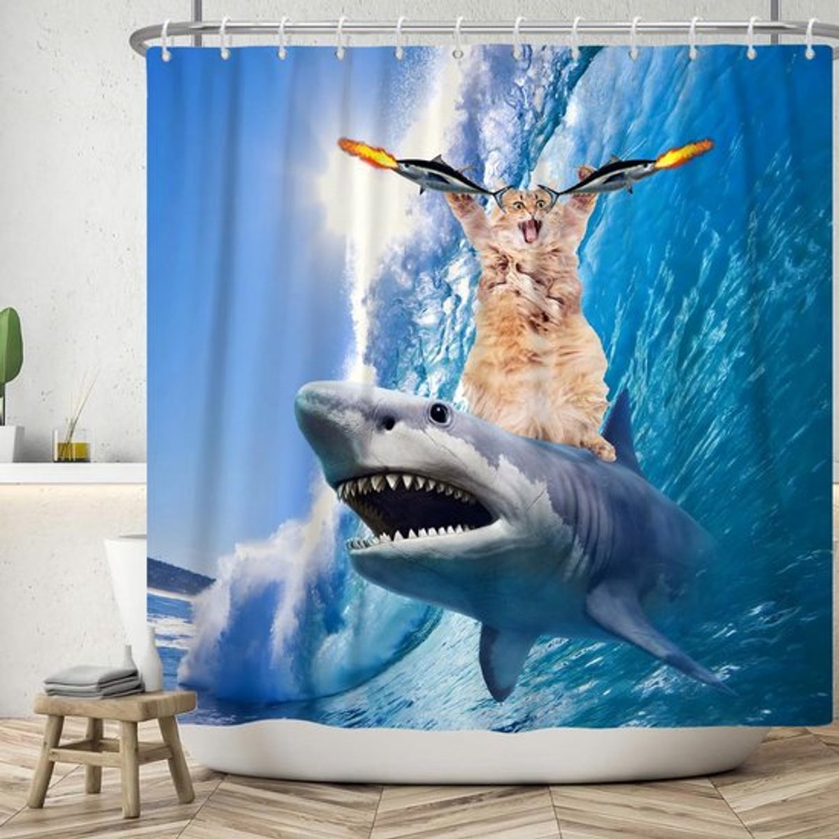 Leuk Kat Haai Douchegordijn 90 x 183 cm - Blauw Oceaan Baddecoratie voor Kinderen