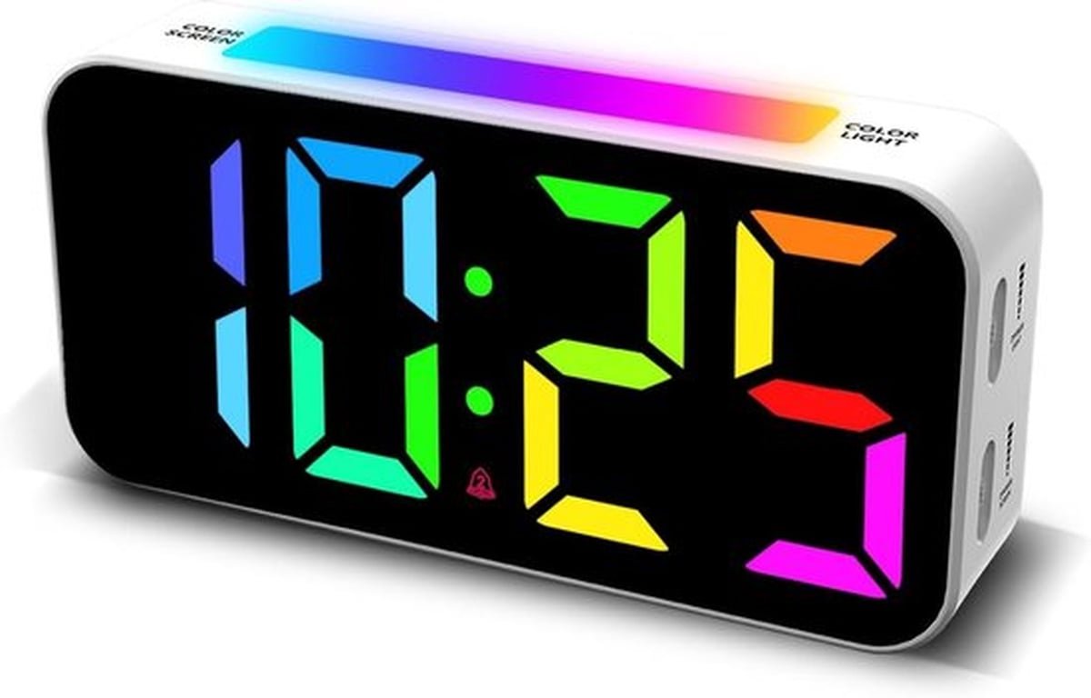 Digitale Wekker - RGB Wekker Slaapkamer - Digitale Klok met Insteekvoeding en 8 Kleuren Nachtlamp - Groot Display - Dubbel Alarm - 3 Volume Standen - Wit