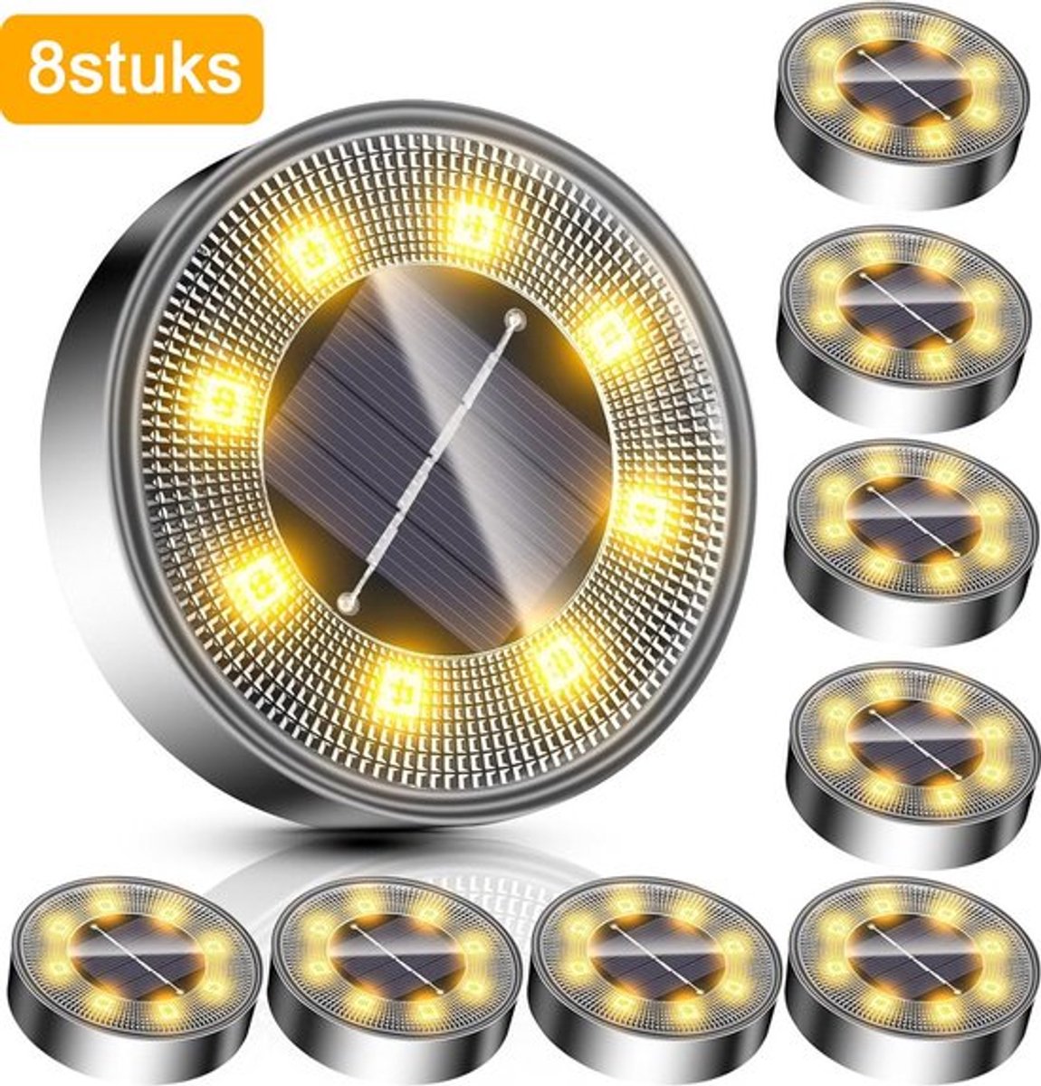 LED Zonne-energie Grondspots - (8 stuks) Warm wit - RVS met 8 LED-spotjes - Grondspots op zonne-energie - 8 uur buitenverlichting in de tuin - IP68 waterdicht - Tuinverlichting op zonne-energie - Buitenverlichting tuinlamp