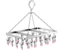 Draaibare, winddichte sokkenhanger, sokkenrek voor waslijn, roestvrijstalen sokkendroger met draaibare haak, ondergoeddroger met 26 clips en spijkers (roze)